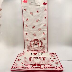 Mireille Designs Valentines Day Table Runner Placemat Set Swans Hearts Floral